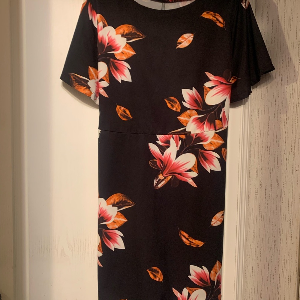 Floral Black Dress with Pink and Orange Accents